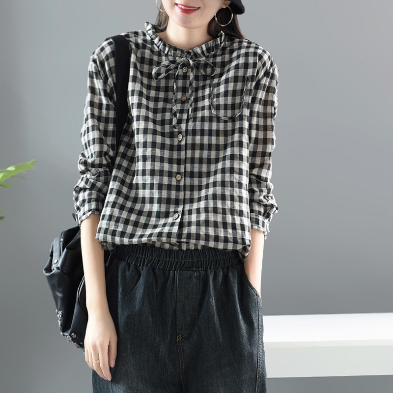 Áo Sơ Mi Tay Dài Vải Lanh Cotton Họa Tiết Caro Thời Trang Cho Nữ