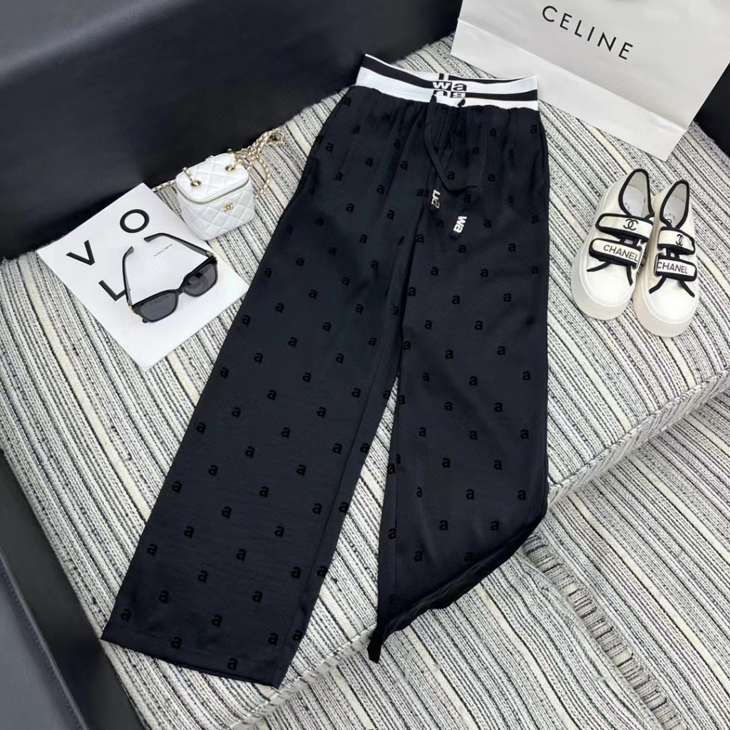 Alexander Wang 2023 spring and summer new fashion full print letter printed drawstring ribbon stitching casual wide leg trousers