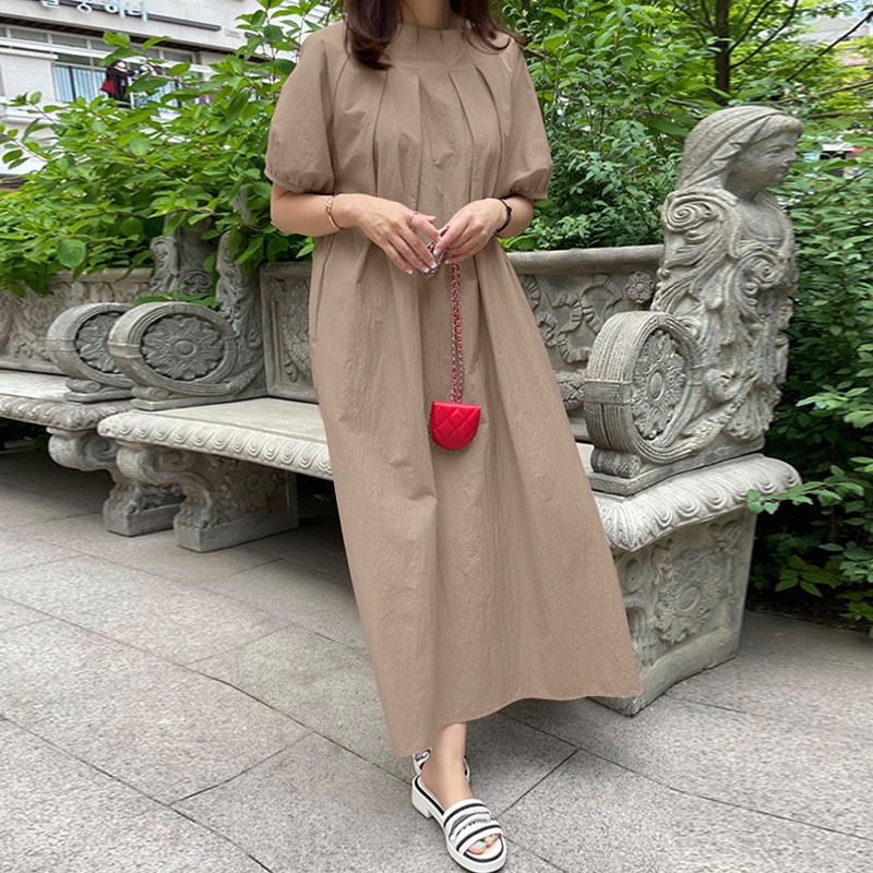 Đầm dài ZANZEA tay phồng xếp ly phối thắt lưng phong cách đường phố Hàn Quốc