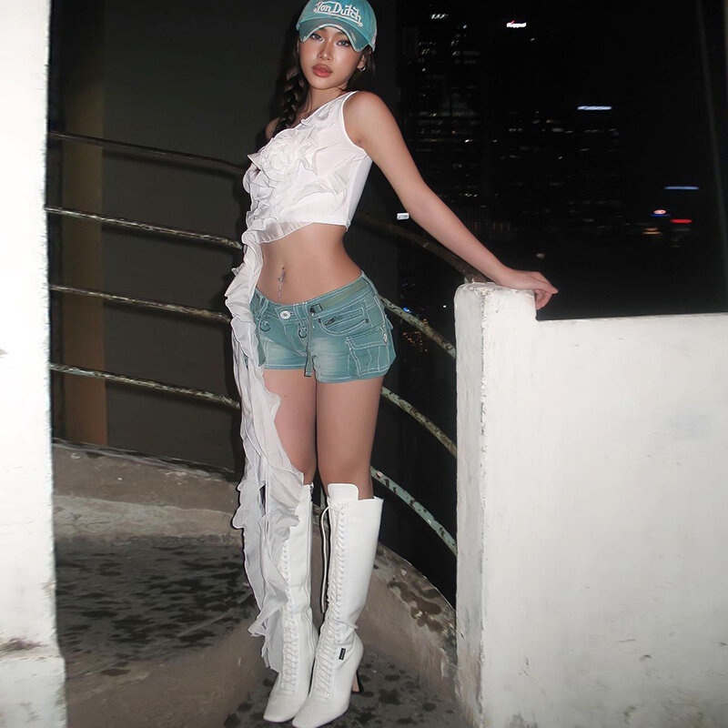 Áo Hai Dây Mỏng Ghép Vải In Hoa 3D Phối Bèo Thời Trang Mùa Hè Cho Nữ Y2K