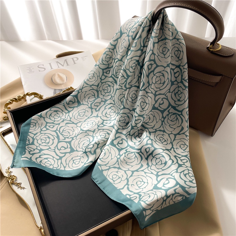 Khăn Choàng Cổ Hình Vuông 70x70CM Bằng Lụa In Họa Tiết Hoa Trà Xanh Đơn Giản Thanh Lịch