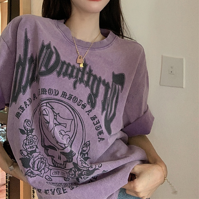 IELGY  Áo Thun Tay Ngắn In Chữ Màu Tím Phong Cách Mỹ Thời Trang Cho Nữ