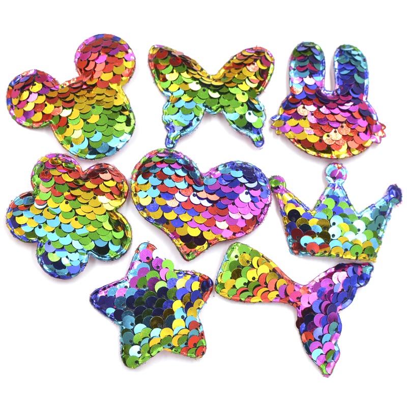 Đệm Sequin Màu Cầu Vồng Hình Chuột / Bướm / Vương Miện / Ngôi Sao / Trái Tim / Hoa / Đuôi Cá / Thỏ Trang Trí Tóc DIY