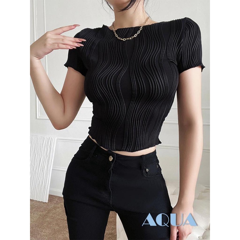 Áo Croptop Tay Ngắn Cổ Tròn Màu Trơn Thời Trang Mùa Hè Cho Nữ