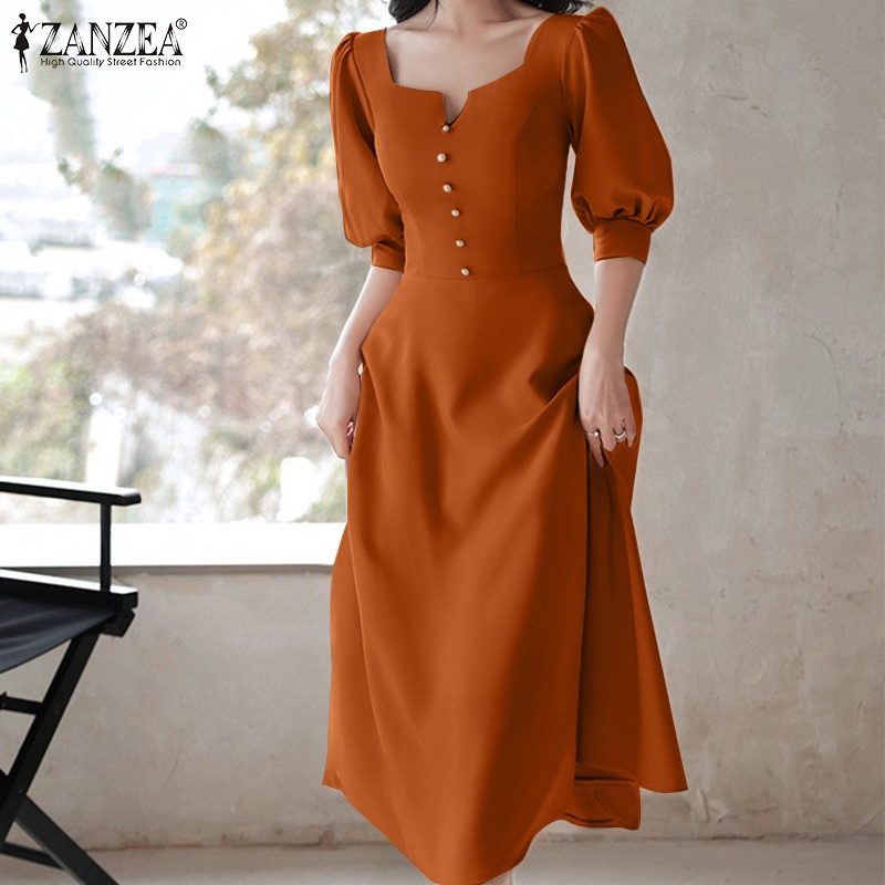Đầm ZANZEA dài tay lửng cổ vuông thời trang dành cho nữ