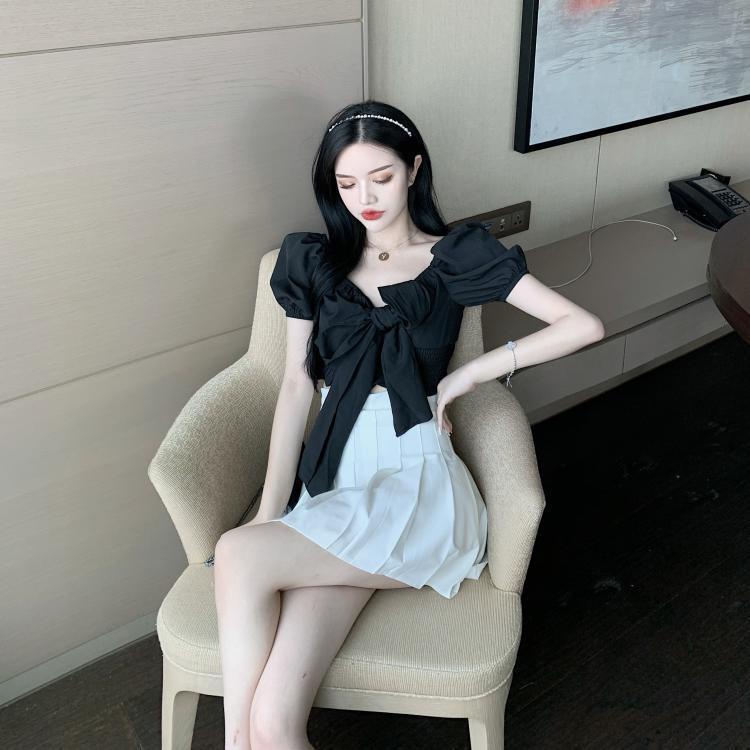 COZOK Áo Sơ Mi Tay Ngắn Cổ Vuông Thắt Nơ Eo Phong Cách Hàn Quốc Quyến Rũ Dành Cho Nữ