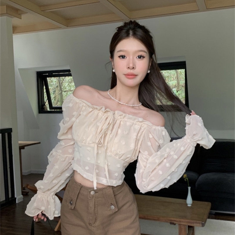 Áo Croptop Trễ Vai Tay Dài Thời Trang Quyến Rũ Cho Nữ