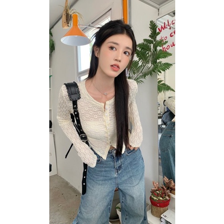 Áo Khoác Cardigan Ren Hoa Tay Dài Cổ Chữ V Ôm Dáng Phong Cách Hàn Quốc Thời Trang Cho Nữ