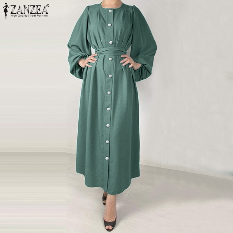 ZANZEA Đầm Maxi Chữ A Tay Dài Phồng Xếp Ly Thanh Lịch Cho Nữ