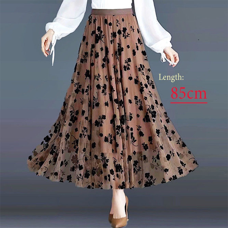 Chân Váy maxi Dài 85cm Vải Tuyn Phối Ren Lưng Thun Co Giãn Thêu Hoa Thời Trang Mùa Hè Cho Nữ
