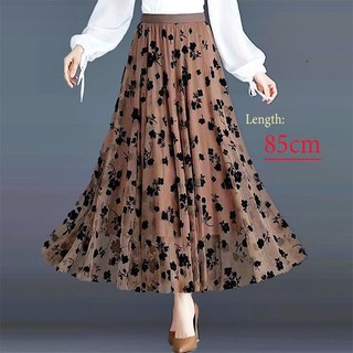 Chân váy maxi dài 85cm vải tuyn phối ren lưng thun co giãn thêu hoa thời trang mùa hè cho nữ