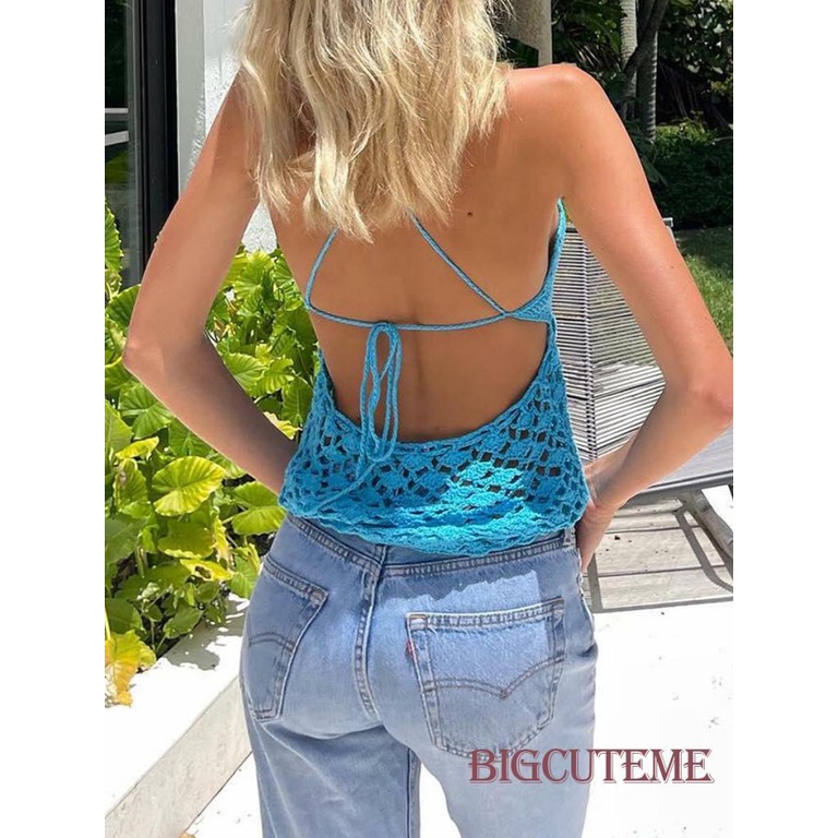 [] Áo Tank Top Dệt Kim Không Tay Màu Trơn Hở Phía Trước Khoét Rỗng Phía Trước Màu Trắng / Đen / Xanh Dương Cho Nữ