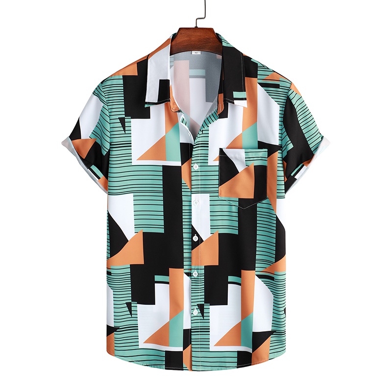 Áo Sơ Mi Tay Ngắn Dáng Rộng In Họa Tiết Hình Học / Màu Đen / Xanh Lá / Trắng Cài Nút Thời Trang Đường Phố Cho Nam