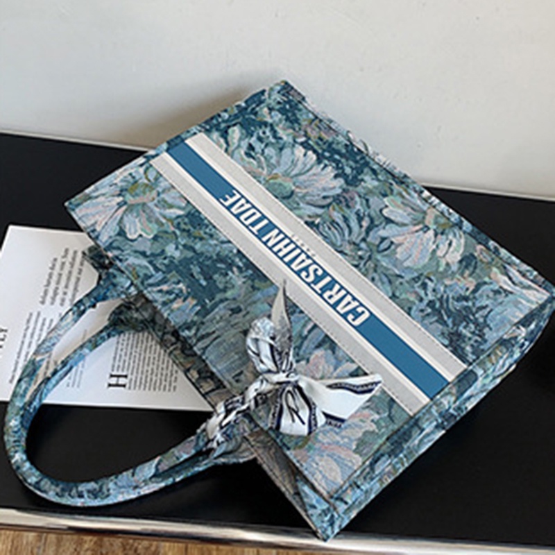 Ielgy Túi Xách Lụa Đeo Vai Sức Chứa Lớn Họa Tiết Tranh Sơn Dầu Đính Ngọc Trai Có Dây