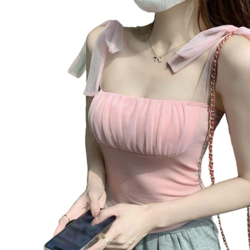 Áo Hai Dây Màu Trơn Phối Lưới Thời Trang Mùa Hè Cho Nữ