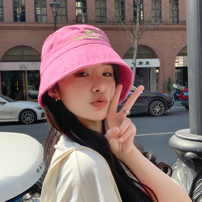 Mũ Bucket Chất Liệu Cotton Thêu Chữ Phong Cách Retro Hàn Quốc Cho Nữ