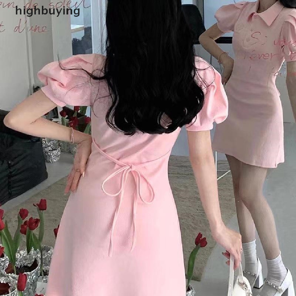 Hbvn Belle Đầm Mini Tay Ngắn Phồng Cài Nút Thời Trang Mùa Hè Hàn Quốc Cho Nữ