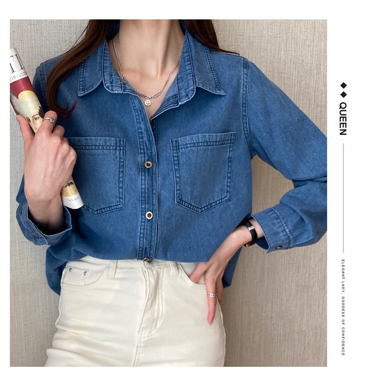 Áo sơ mi denim SUXI tay dài dáng rộng màu trơn phong cách cổ điển dễ phối đồ thời trang mùa xuân