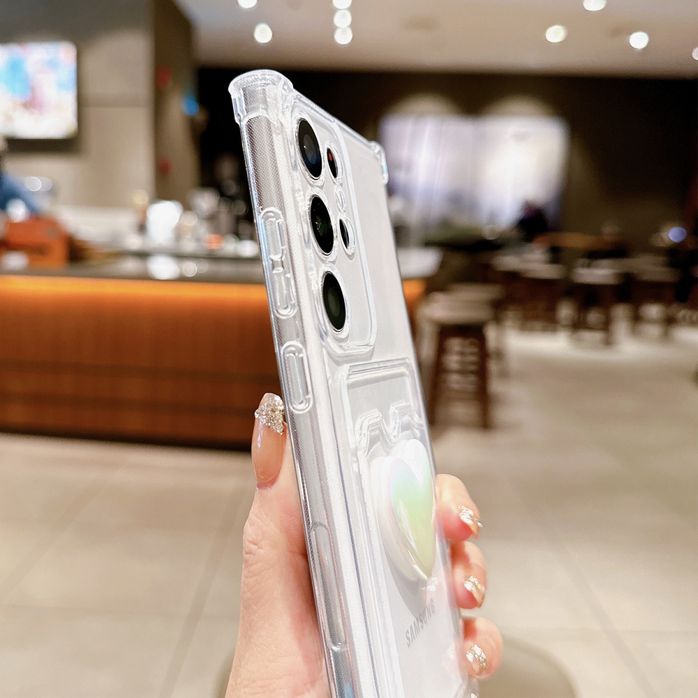 Ốp Điện Thoại Trong Suốt Chống Sốc Có Ngăn Đựng Thẻ Họa Tiết Trái Tim 3D Cho Samsung S23 S22 Ultra Plus S21 FE