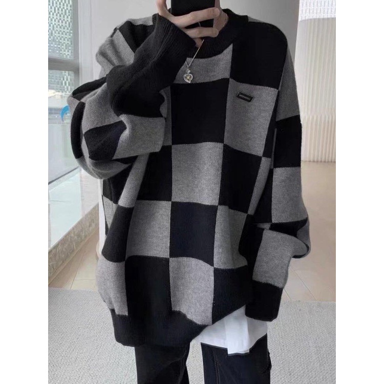 Áo sweater Dệt Kim Tay Dài Cổ Tròn Màu Đen In Họa Tiết Bảng Kẻ Ô PAUL FITZGERALD Thời Trang Cho Nam