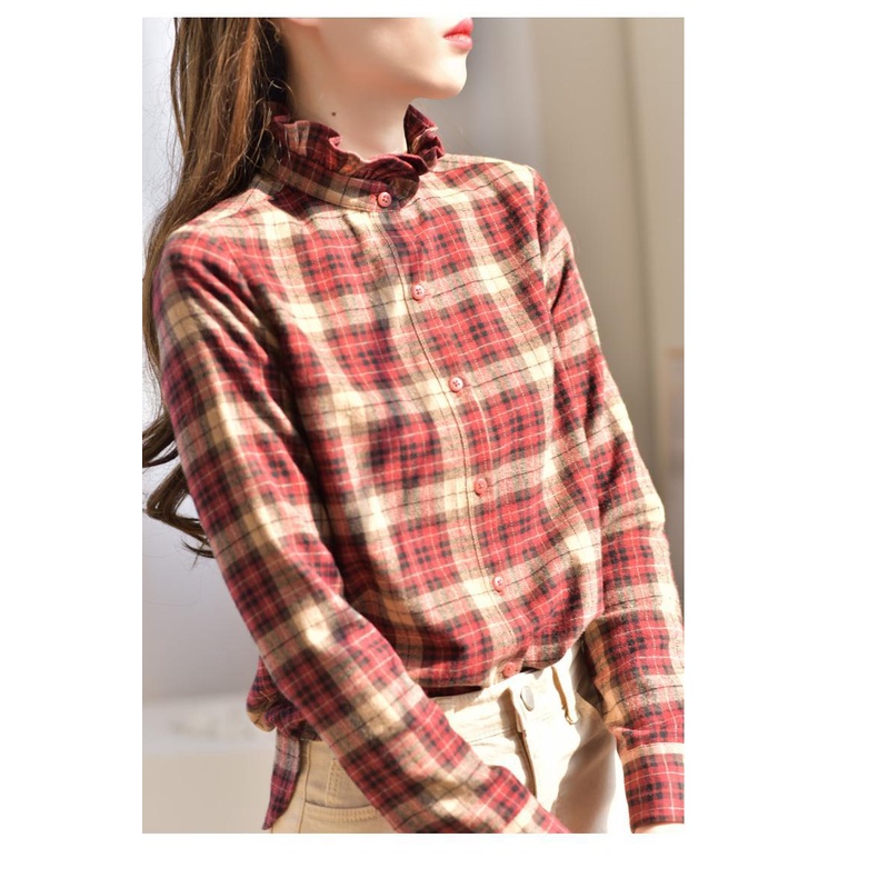 Áo Sơ Mi Cổ Đứng Chất Liệu Cotton Mềm Họa Tiết Sọc Caro Phong Cách Retro Hàn Quốc