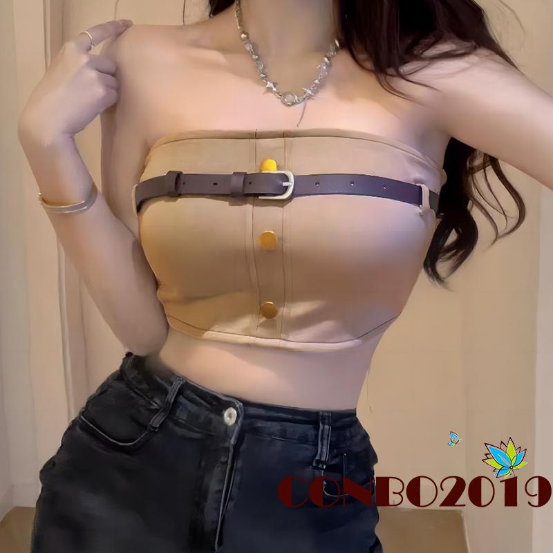 Áo Croptop Không Dây Dáng Ôm Cài Nút Kim Loại Phía Trước Thời Trang Cho Nữ