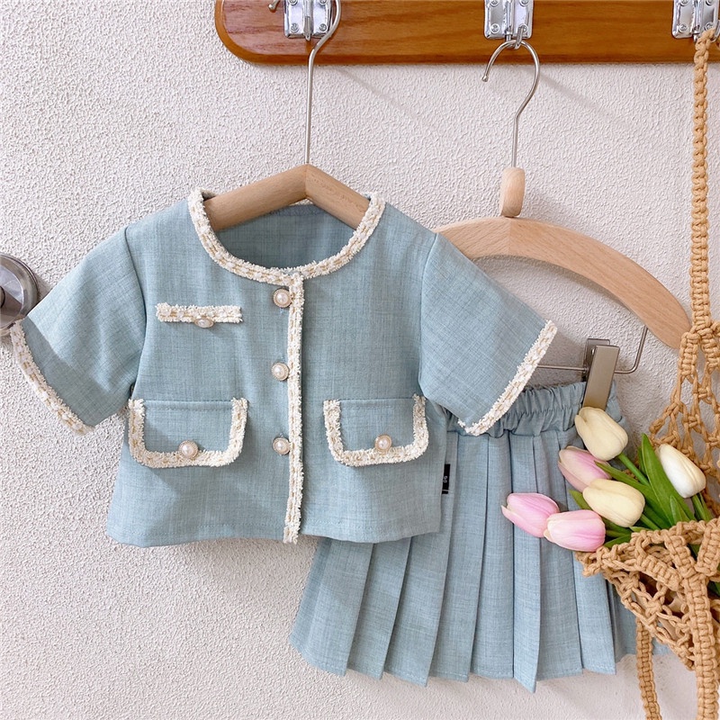Đồ bộ bé gái 2 món áo ngắn tay phối chân váy xếp ly phong cách thủy thủ phù hợp thời tiết mùa hè, Kén Kids (DK24)