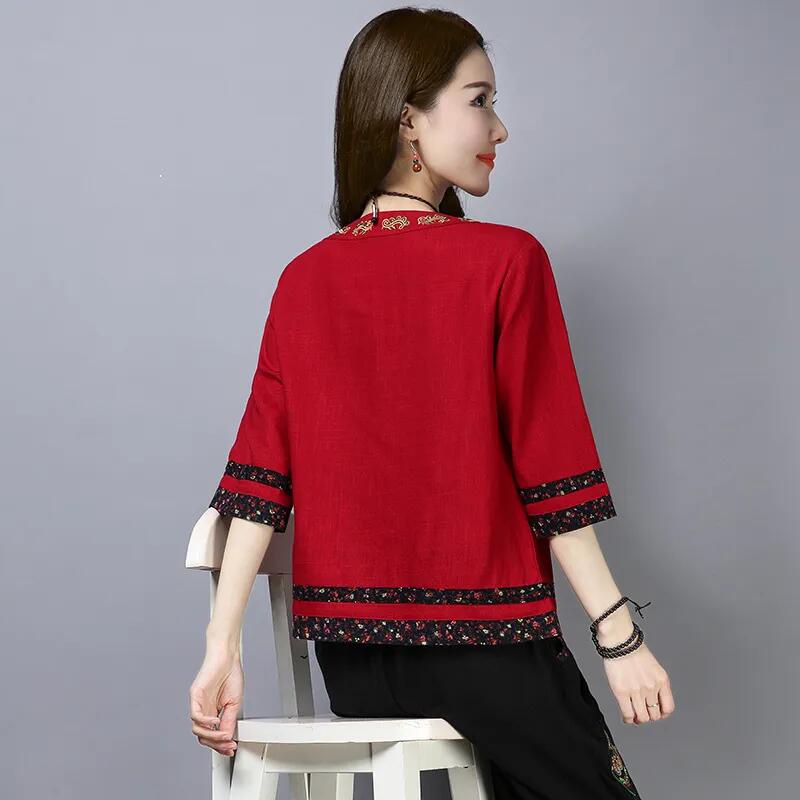 Áo Sơ Mi Cotton Lanh Tay Lửng Dáng Rộng Thêu Họa Tiết Xinh Xắn Thời Trang