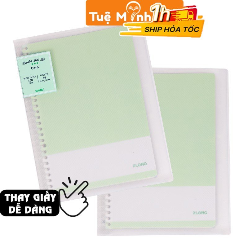 Sổ còng nhựa B5 Caro ô to 6x6 mm nét đứt MS 528 Klong 50 tờ (100 trang) ruột kèm tab phân trang, binder bìa Pastel