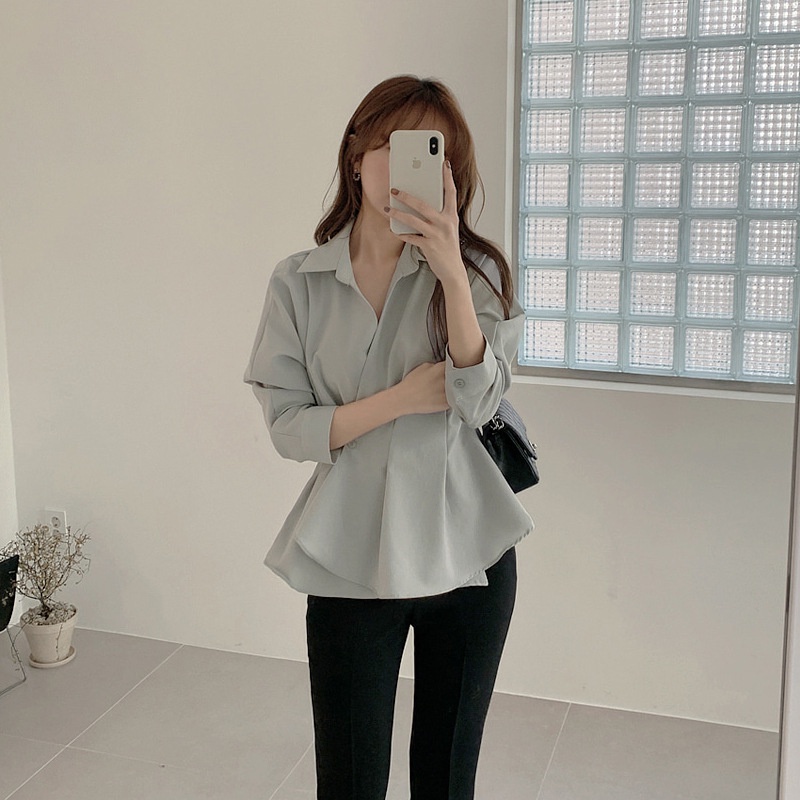 Áo sơ mi nữ kiểu xếp ly vạt lệch vải đẹp mềm mát MS685