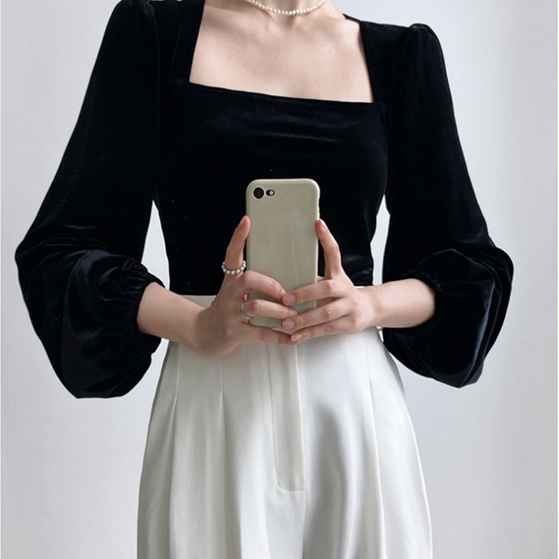 IELGY Áo Nhung Đen Cổ Vuông Tay Phồng Thời Trang Cổ Điển Cho Nữ