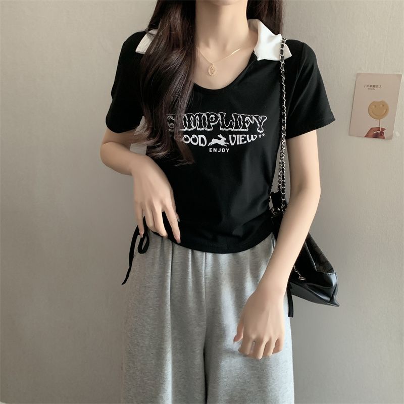 COZOK Áo Thun Ngắn Tay Dáng Ôm Phối Dây Rút In Chữ Cá Tính