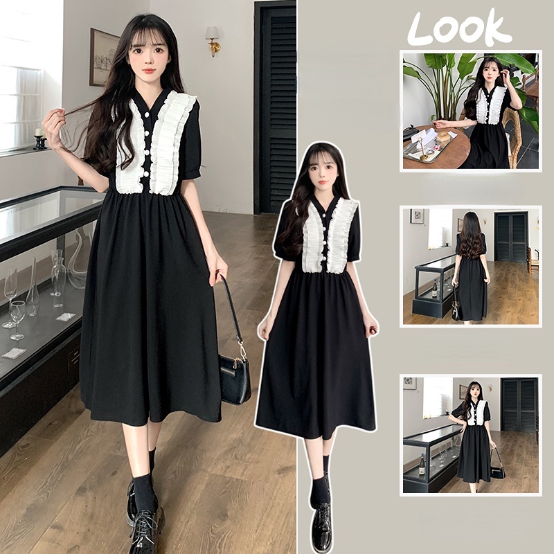 Liên Kết Với Nhau ♥ Đầm Tay Ngắn Cổ Chữ v Phối Bèo Thiết Kế Cỡ Lớn Thời Trang Thanh Lịch Cho Nữ
