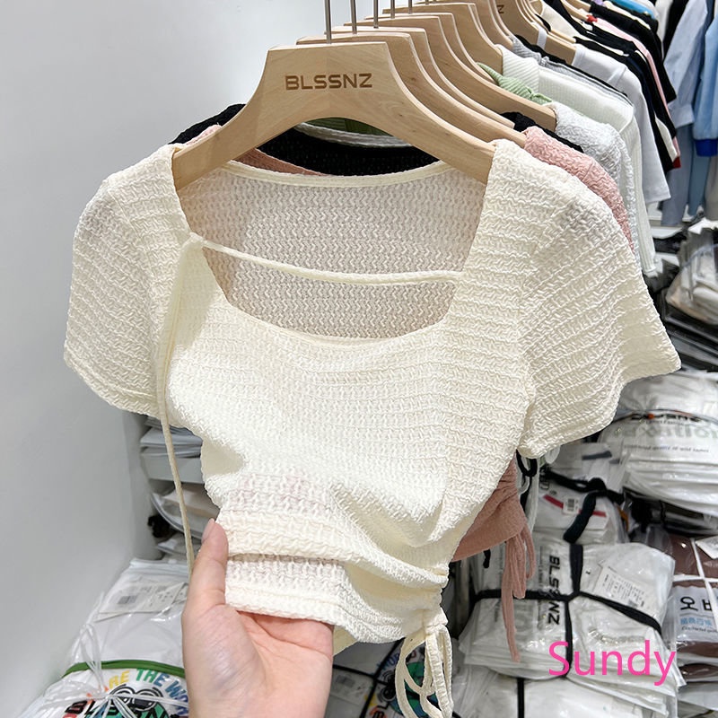 Áo Thun Ngắn Tay Cổ Vuông Dáng Rộng Phối Dây Rút Lệch Tà Kiểu Phương Tây Thời Trang Mùa