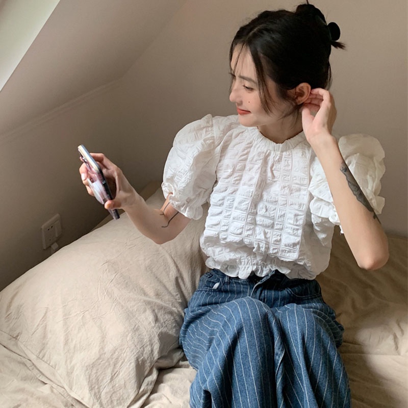 IELGY   Áo Sơ Mi Tay Phồng Màu Trắng Thiết Kế Đơn Giản Dành Cho Nữ