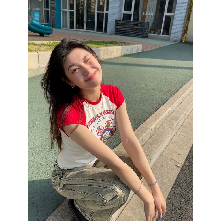 Áo Thun Tay Ngắn Dáng Ôm Màu Sắc Tương Phản Thời Trang Mùa Hè Xinh Xắn Cho Nữ