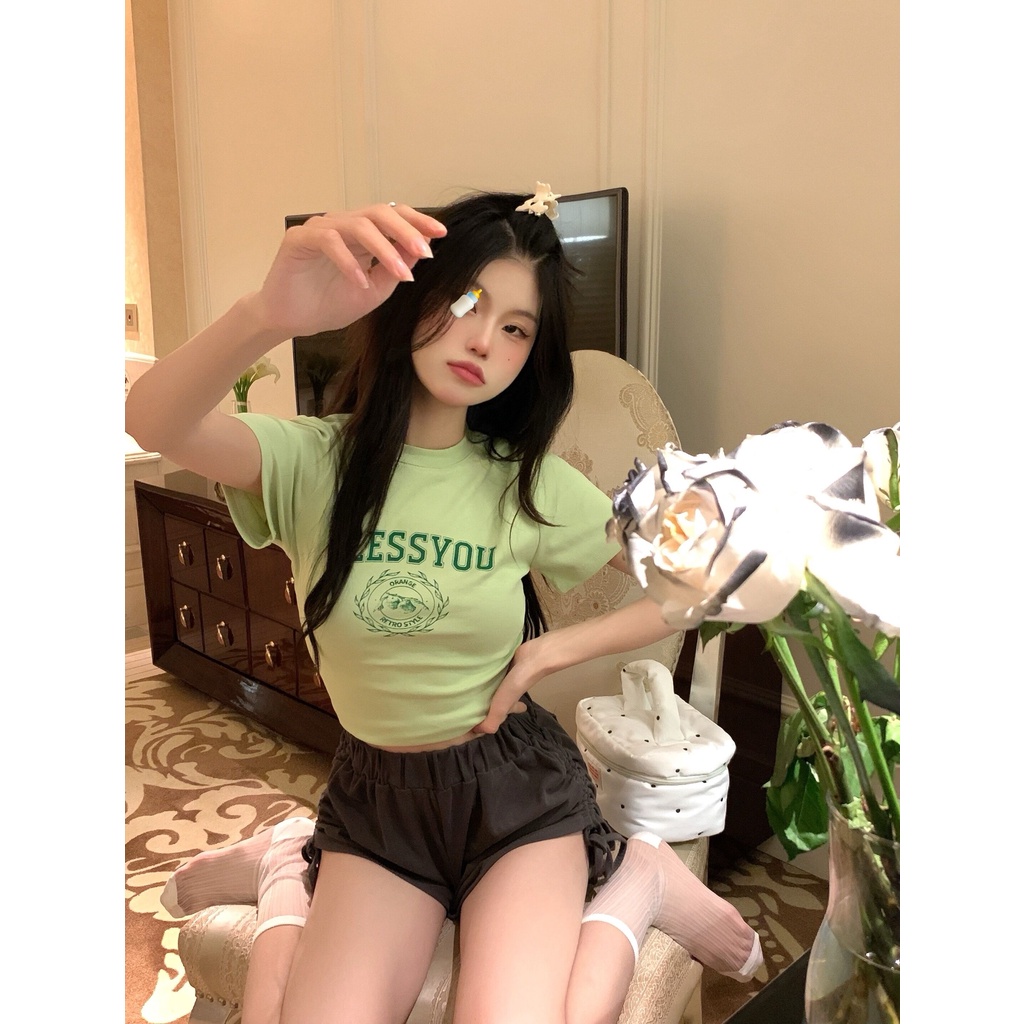 NUZIRO Áo Thun Ngắn Tay Cổ Tròn In Chữ Ôm Dáng Thời Trang Mùa Hè Hàn Quốc Cho Nữ