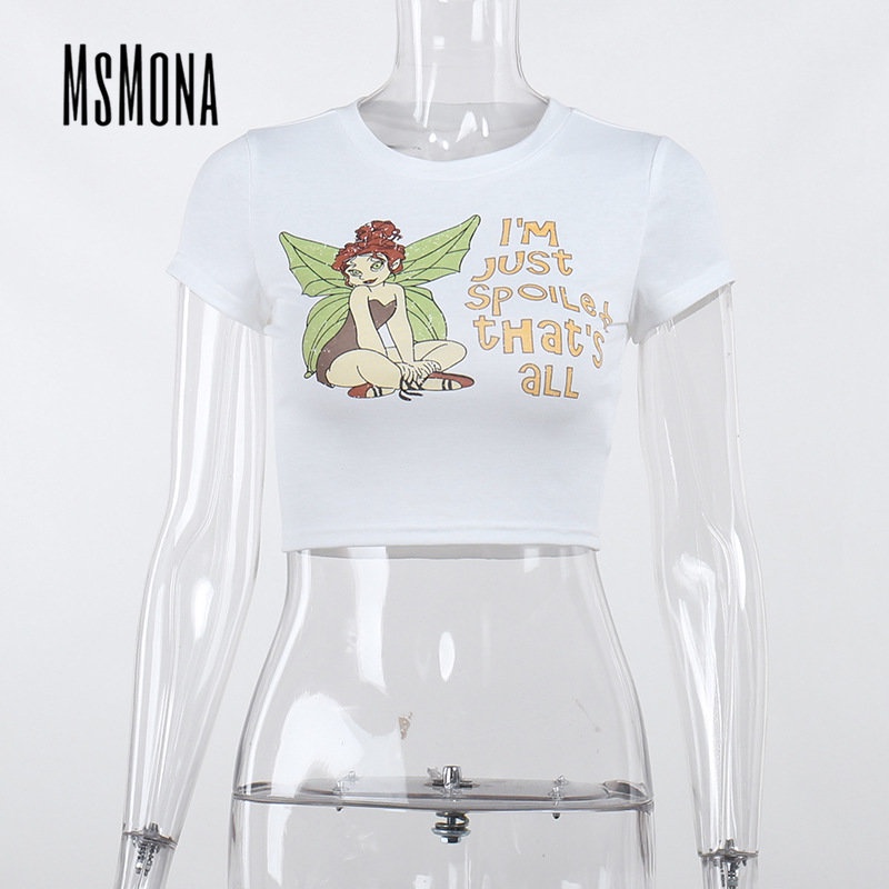 MsMona Áo Thun Tay Ngắn Cổ Tròn Dáng Ôm In Họa Tiết Hoạt Hình Thời Trang 2023 Cho Nữ