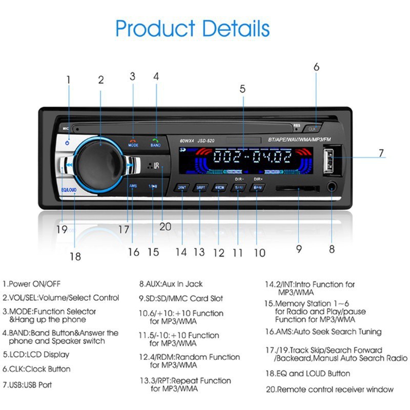 🚗Thiết bị đa phương tiện Bluetooth 12 V Máy nghe nhạc MP3 cho xe hơi hỗ trợ MP3 / USB / SD / AUX-IN / FM