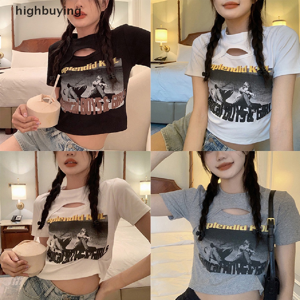 Áo Thun Lửng Ngắn Tay Cổ Tròn In Họa Tiết Vintage Cho Nữ