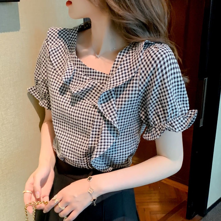 Áo Sơ Mi Chiffon Tay Ngắn Họa Tiết Sọc Caro 5dqd Thời Trang Cho Nữ
