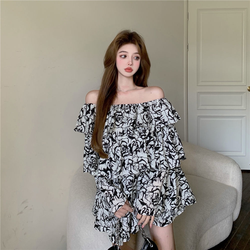 Áo Trễ Vai Tay Dài Đầm Hoa Dáng Rộng Thời Trang Đi Biển Mùa Hè 2023 Phong Cách Mới Quyến Rũ Cho Nữ