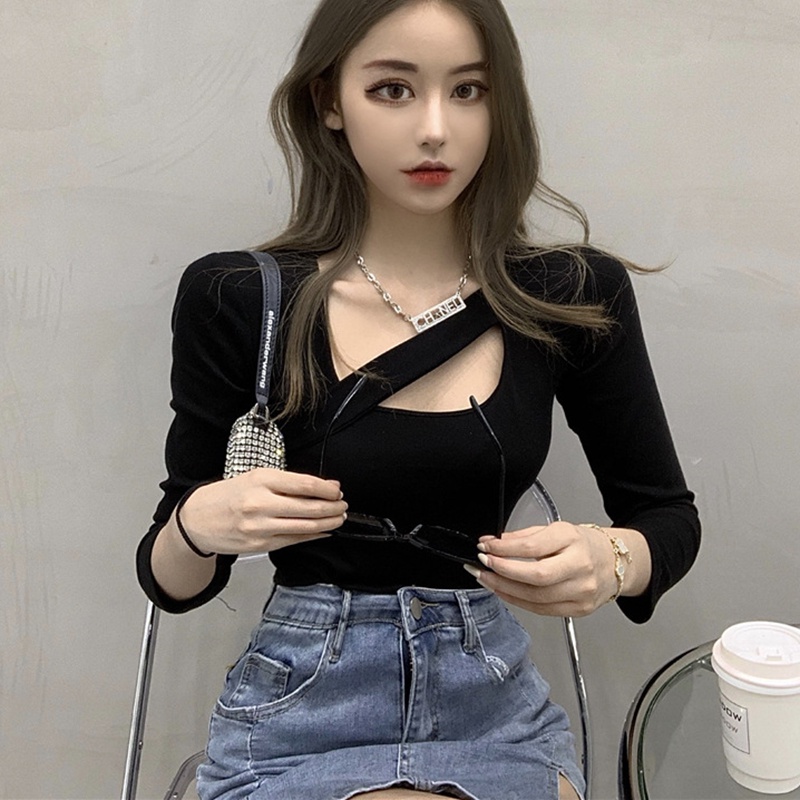 IELGY   Áo Thun Dáng Ôm Màu Trơn Khoét Rỗng Dễ Phối Đồ Thời Trang Cho Nữ