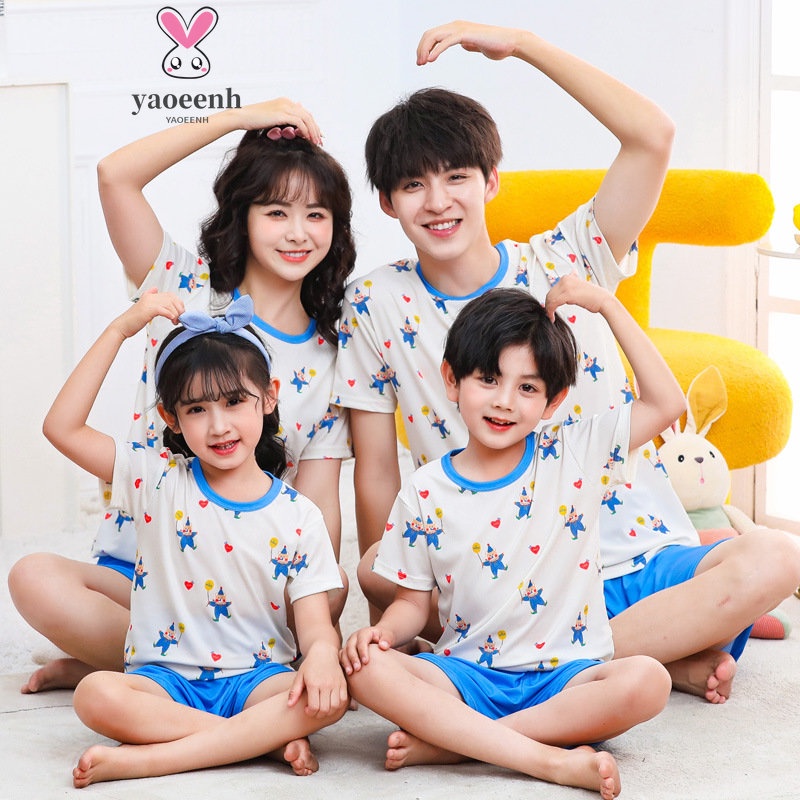 【YAOEENH】Bộ Đồ Ngủ Ngắn Tay Bằng Lụa Mát Thoáng Khí Họa Tiết Hoạt Hình Dành Cho Gia Đình Kích Thước 100-180cm