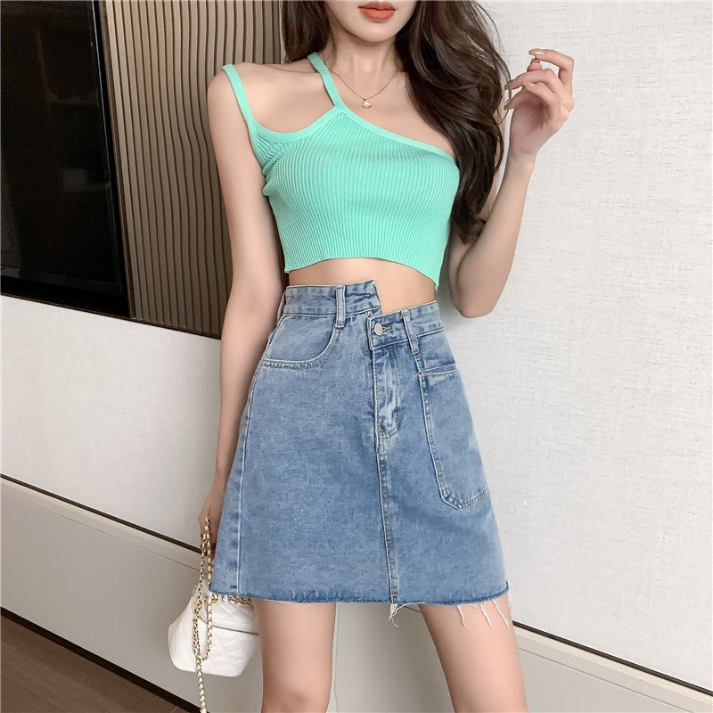 Chân Váy Denim Chữ A Lưng Cao Thời Trang Mùa Hè Hàn Quốc Mới Cho Nữ