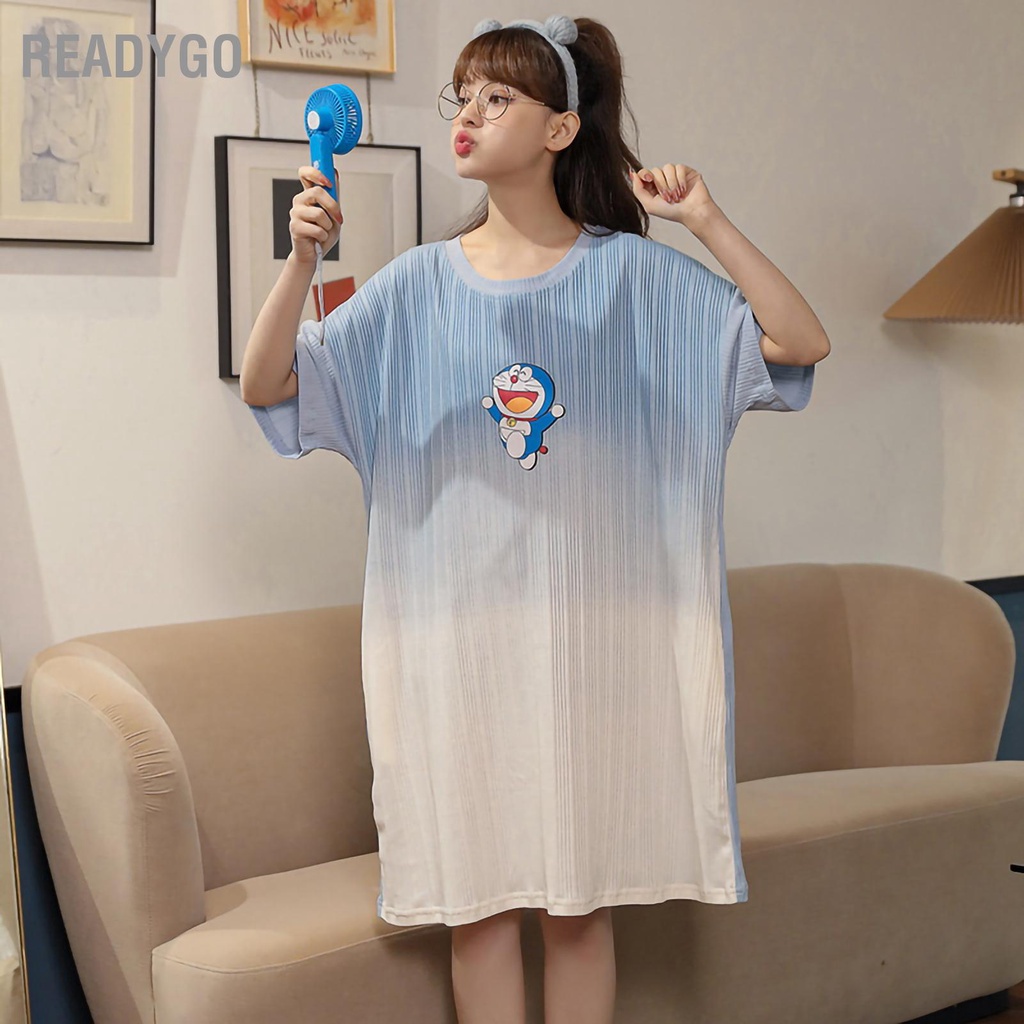 Summer Nightgown Skin Friendly Knee Length Knitted Cotton Short Sleeves Nightdress for Women | BigBuy360 - bigbuy360.vn