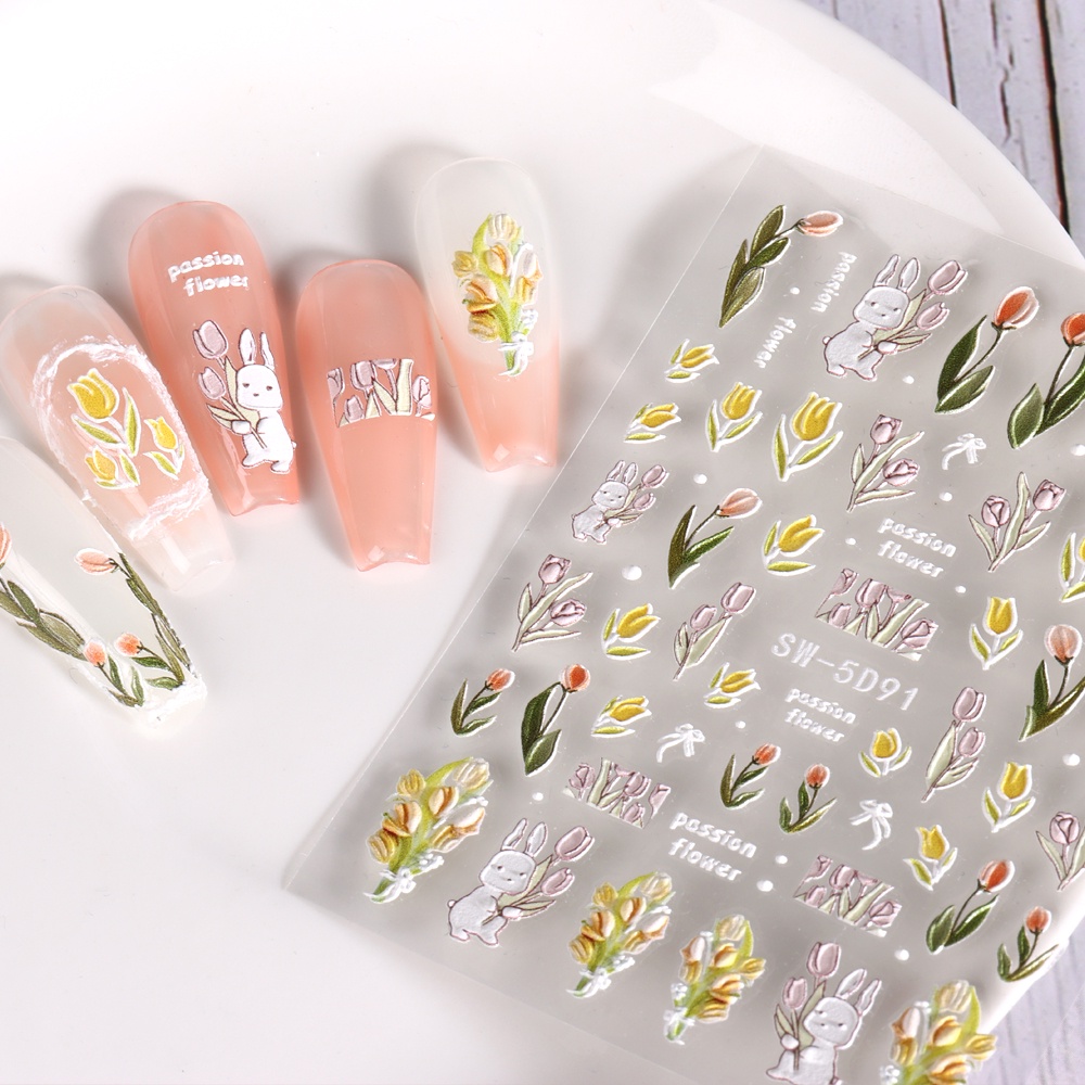 5D Flower Embossed Nail Art Sticker Campanula Butterfly Tulip Rabbit Daisy Lace Slider Decoration Engraved Manicure Tips