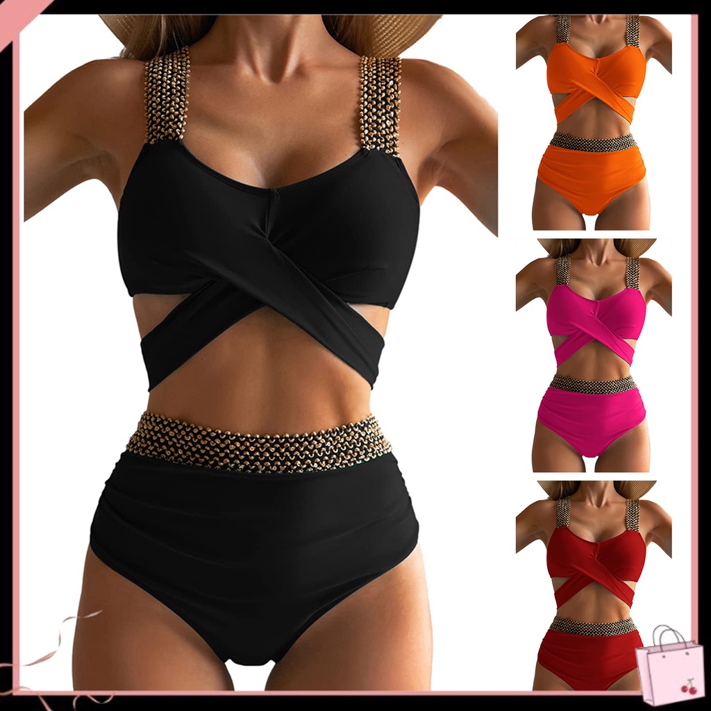 1 Bộ Đồ Bơi Hai Mảnh Dây Chéo Có Đệm Nâng Ngực Màu Sắc Trơn Quyến Rũ Dành Cho Nữ