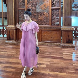 Váy voan dập li xòe tay cánh tiên