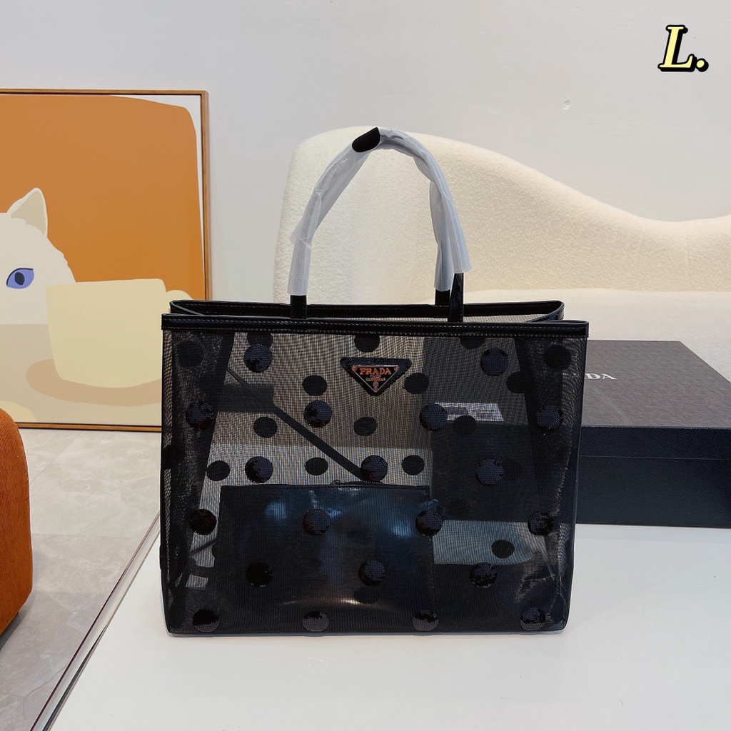 Prada Túi Xách Lưới Màu Đen Thời Trang Đi Biển Phong Cách Âu Mỹ Cho Nữ